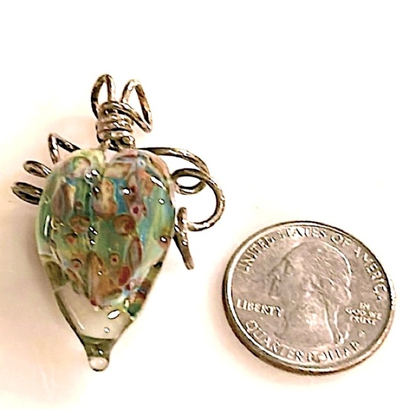 Heart Shaped Glass Blown Pendant Hand Crafted Green Blue Tan - Picture 5 of 11